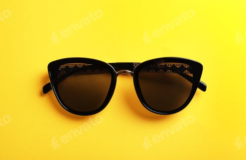 Preview: Stylish sunglasses on yellow background, top view