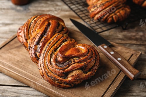 Preview: Tasty sweet bun with poppy seeds on wooden table