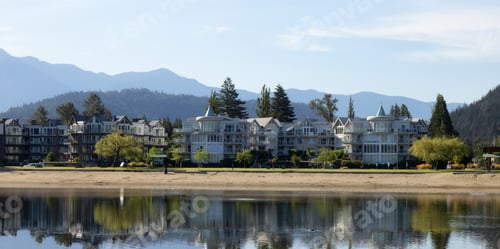Preview: Vacation Homes by the lake and sandy beach. Sunny Summer Morning.