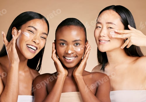Preview: Diversity, woman and beauty portrait with cream for facial skincare wellness, luxury product and ha