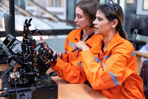 Preview: Girl engineer doing robot project testing cyborg hand control signal as high technology innovation