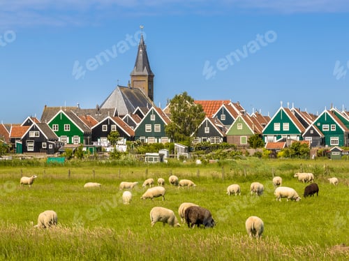 Preview: Panorama of Colorful wooden houses with church in Dutch Village