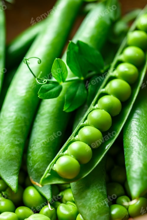 Preview: Macro shot of green sugar snap peas with leaf.
