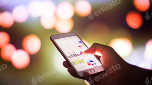 Preview: People using mobile phone on technology data of charts and graphs on screen