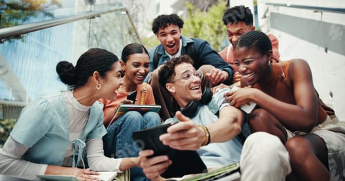 Preview: Students, people and tech on stairs at campus, wow and share meme with diversity in low angle at un