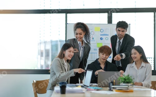 Preview: Young happy Asian business man, woman work together, celebrate success in start up office.