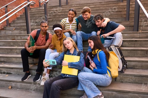 Preview: Group of diverse college students taking selfie on campus stairs