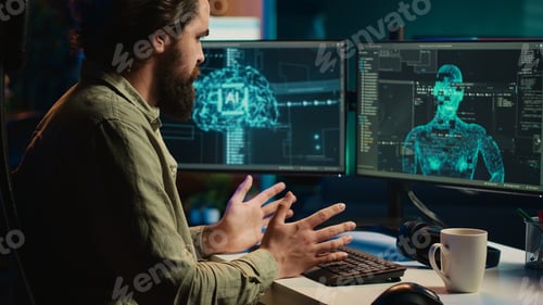 Preview: Sentient AI gains humanoid form inside computer, waving hand, greeting creator