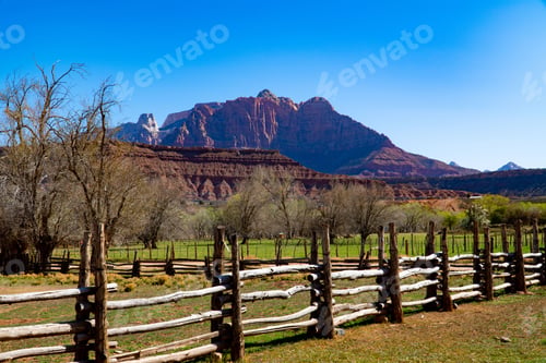 Preview: Closeup of a part of Zion national park with trees and wooden fence and a canyon in the background