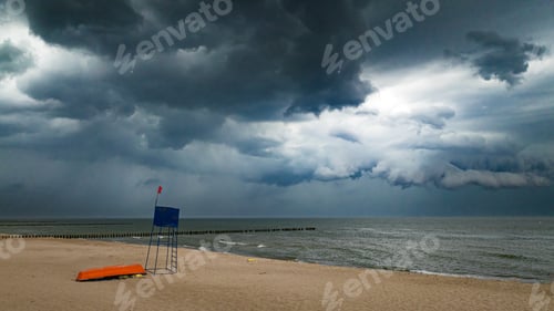 Preview: Lifeguard tower on beach during storm, Baltic Sea, Poland