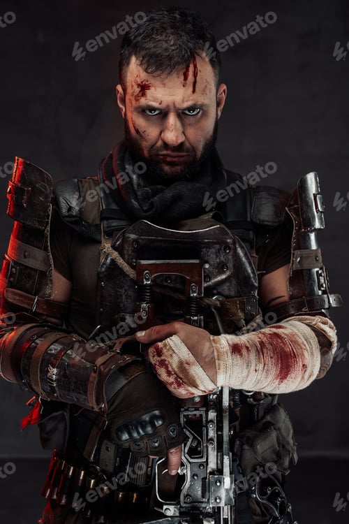 Preview: Staring at camera damaged stalker with shotgun in dark background