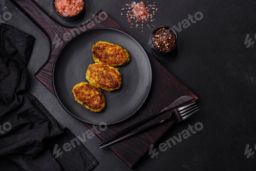 Preview: Diet vegetable cutlet from zucchini, carrot, herbs on a black plate