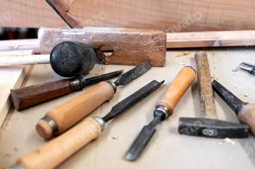 Preview: Assorted carpenters tools on a workbench