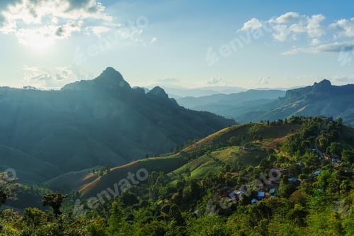 Preview: Sunlight over local village on mountain in the valley at Gigokor viewpoint