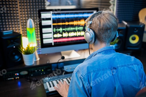 Preview: Rear view of young man in headphones making music by computer monitor