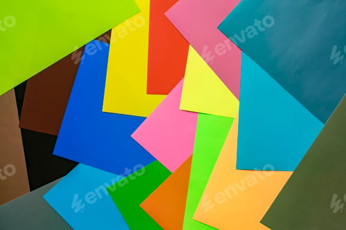 Preview: various sheets of color paper mix flat lay abstract background