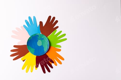 Preview: Colorful Paper Hands Circle a World Globe