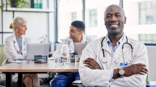 Preview: Arms crossed, portrait and a doctor in healthcare meeting with vision, motivation and confidence. H