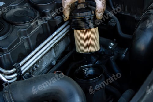 Preview: Car mechanic changing oil - model and oil motion blurred.