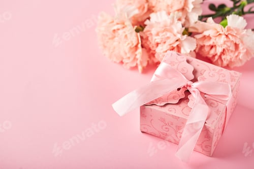 Preview: Bouquet of pink carnations and pink gift box. Design concept of holiday greeting with carnation