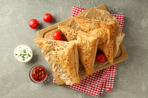 Preview: Concept of tasty food with samsa on gray background