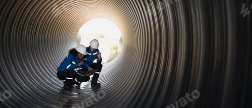 Preview: Workers inside a big steel pipe building a pipeline for oil, gas, and fuel at an industrial site.