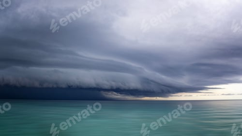 Preview: Dramatic storm clouds over calm turquoise sea.