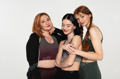 Preview: Smiling body positive sportswomen embracing isolated on grey