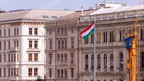 Preview: Hungarian flag on historical building in Budapest, close view