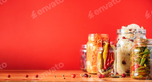 Preview: Probiotics food background. Korean carrot, kimchi, beetroot, sauerkraut, pickled cucumbers in glass