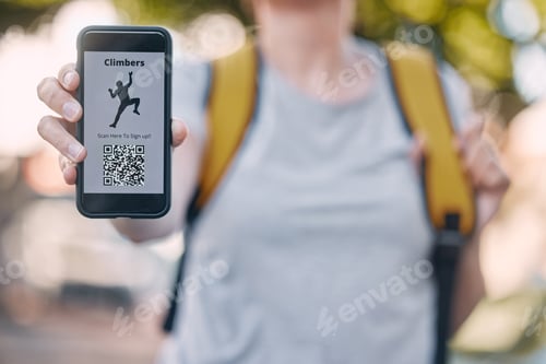 Preview: Person with phone and rock climbing app on a screen with qr scan code, logo or icon available for s