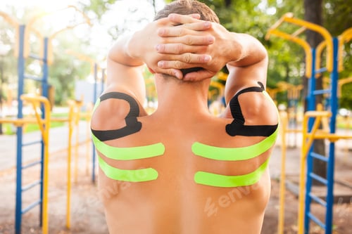 Preview: Unrecognizable man with elastic tapes posing at sports ground