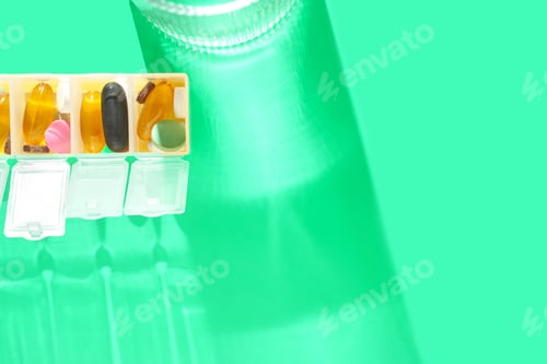 Preview: Daily pill organizer with various supplements and medication on vibrant green