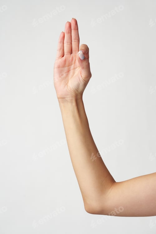 Preview: Female hand showing three fingers against white background