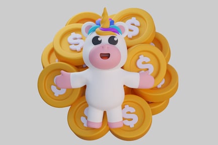 Preview: Cartoon unicorn standing on a pile of gold coins.