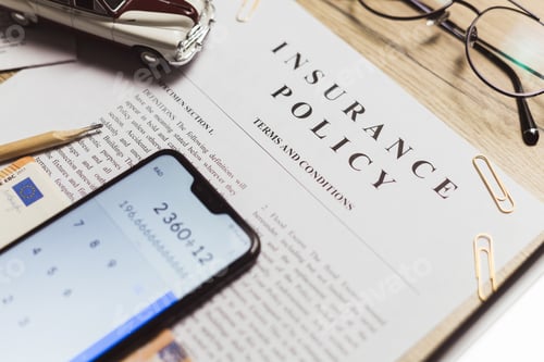 Preview: Vehicle insurance policy. Smartphone with calculated amount, retro car toy and cash