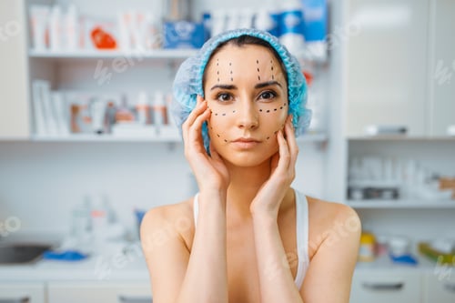 Preview: Patient with markers on face, preparation to botox