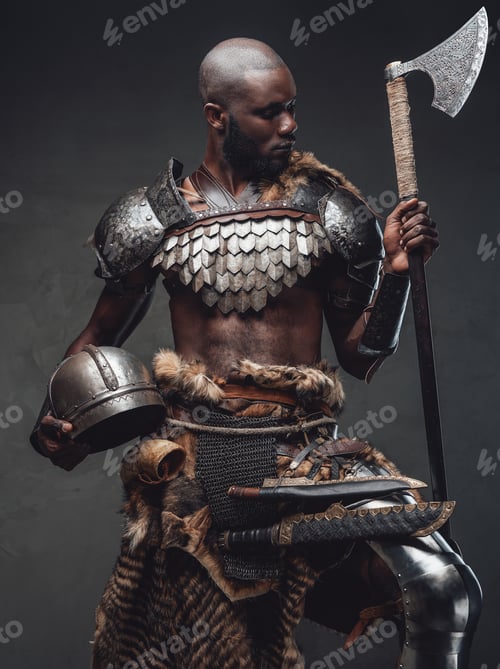 Preview: Wild barbaric person with black skin wielding an axe posing in dark background