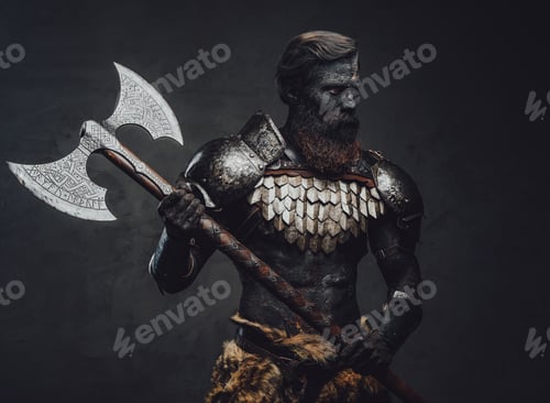 Preview: Evil soldier with scorched skin standing and holding his axe