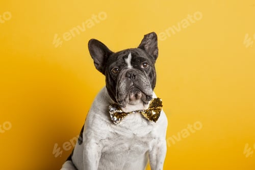 Preview: Elegant French bulldog with sequin bow tie looking at camera on yellow background