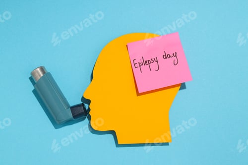 Preview: Epilepsy day concept, human paper head with inhaler