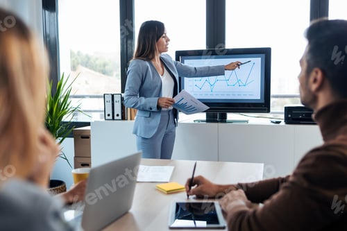 Preview: Elegant smart businesswoman explaining a project to his colleagues on computer on coworking place.