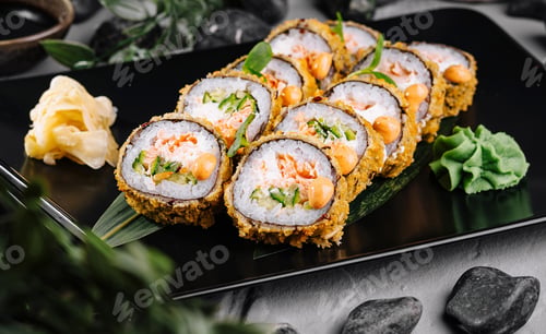 Preview: Gourmet tempura sushi roll on elegant black plate