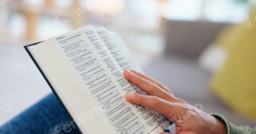 Preview: Hand, bible study and closeup for reading in home for faith, knowledge or spiritual information on
