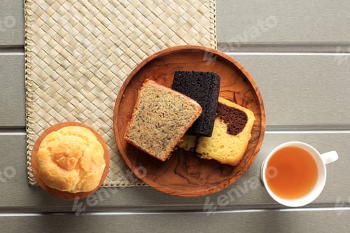 Preview: Various Slice Cake for Snack Box. Banana Cake, marble Cake, and Black Sticky Rice Cake