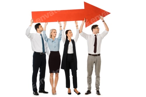 Preview: young businesspeople holding big red arrow isolated on white