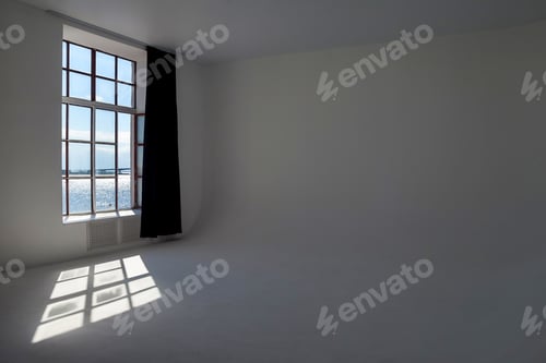 Preview: Big window with frame and windows sill on white background indoors