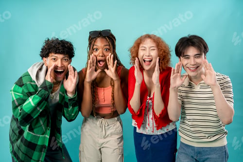 Preview: Portrait of diverse Generation Z friends posing on isolated blue screen.