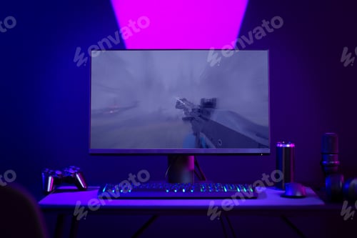 Preview: Modern gaming setup with colorful lighting and essential accessories
