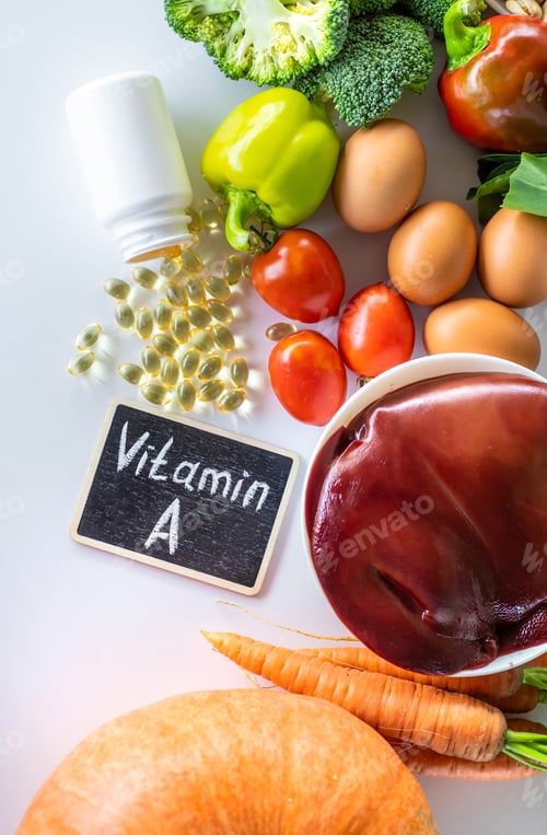 Preview: Products containing vitamin A. Selective focus.